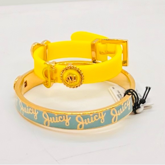 Nwt Juicy Couture Blue Enamel Bangle Yellow Silicon Bracelet 6 Length Set 2 29$